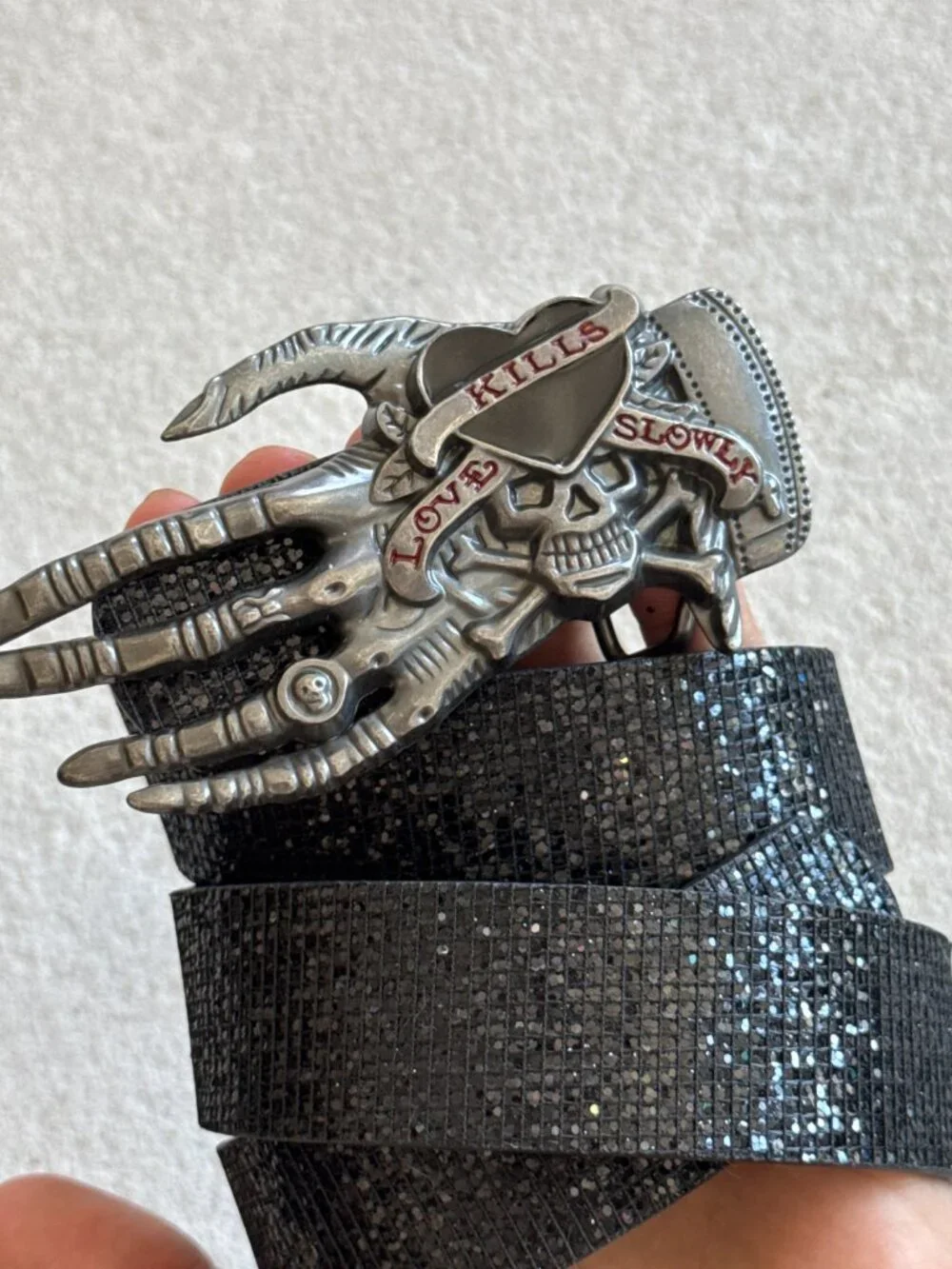 Black Shimmer Skull Buckle Belt